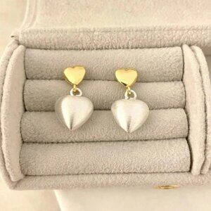 925 Sterling Silver Gold Brushed Silver Heart Dangle Earrings Two Tone Earrings